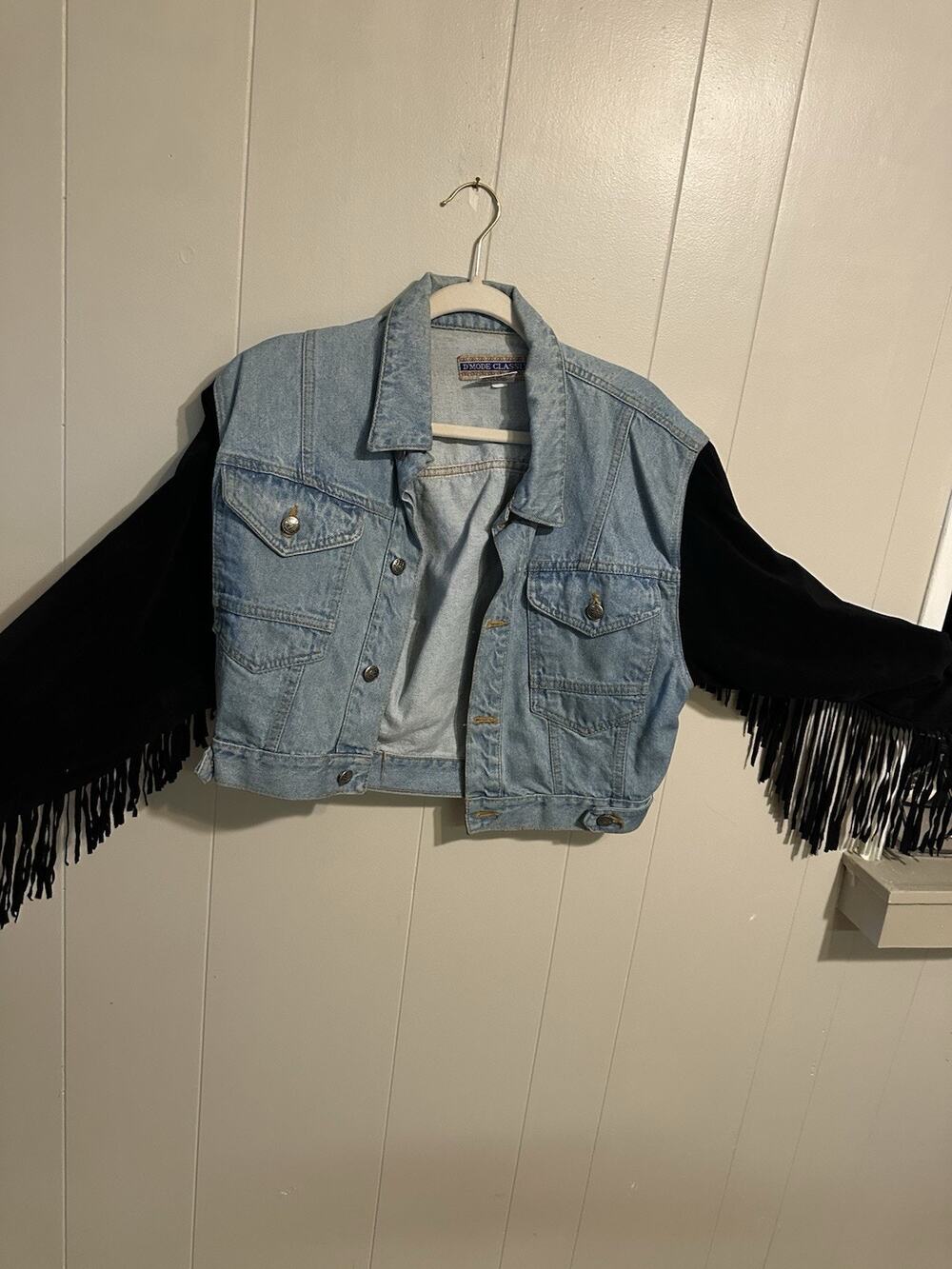 D'MODE CLASSIX Women’s Vintage Denim & Suede Fringe Cropped Jacket S